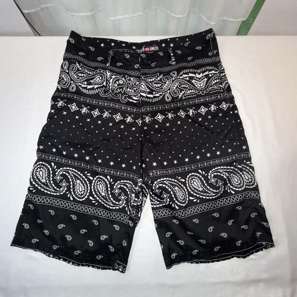Ecko Unltd Black Bandana Paisley Print Men's Board Shorts size 34W